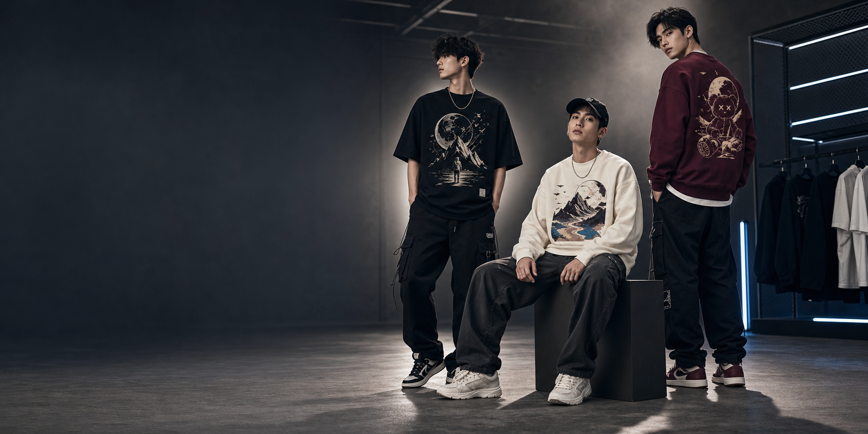 H F Plus men wearing dark streetwear launch outfits