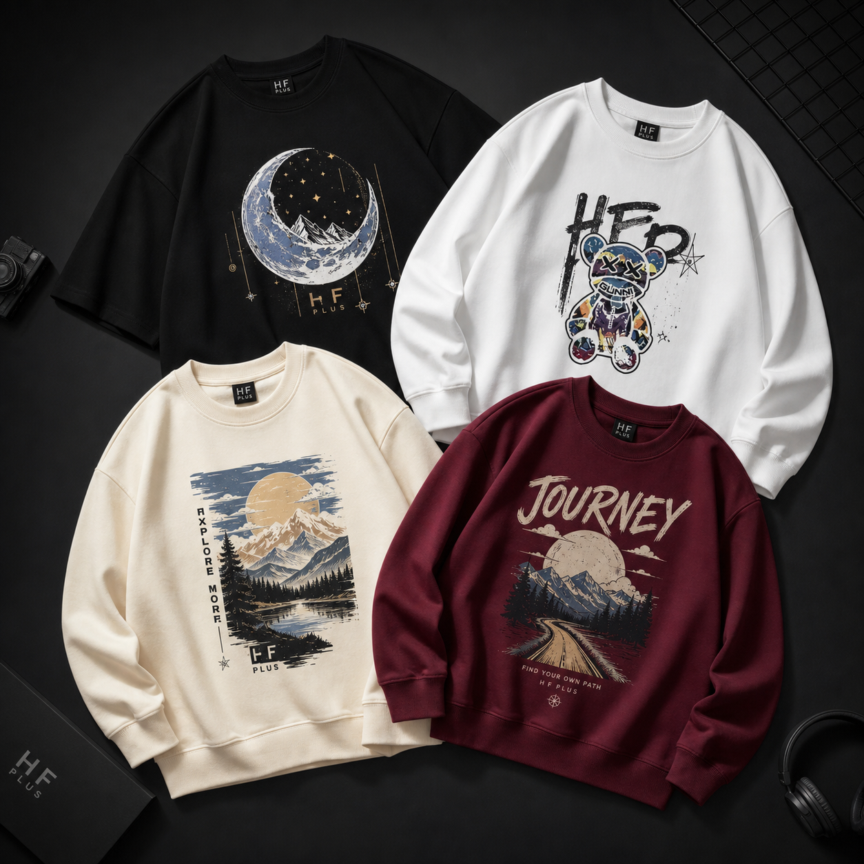H F Plus generated product set with four streetwear tops